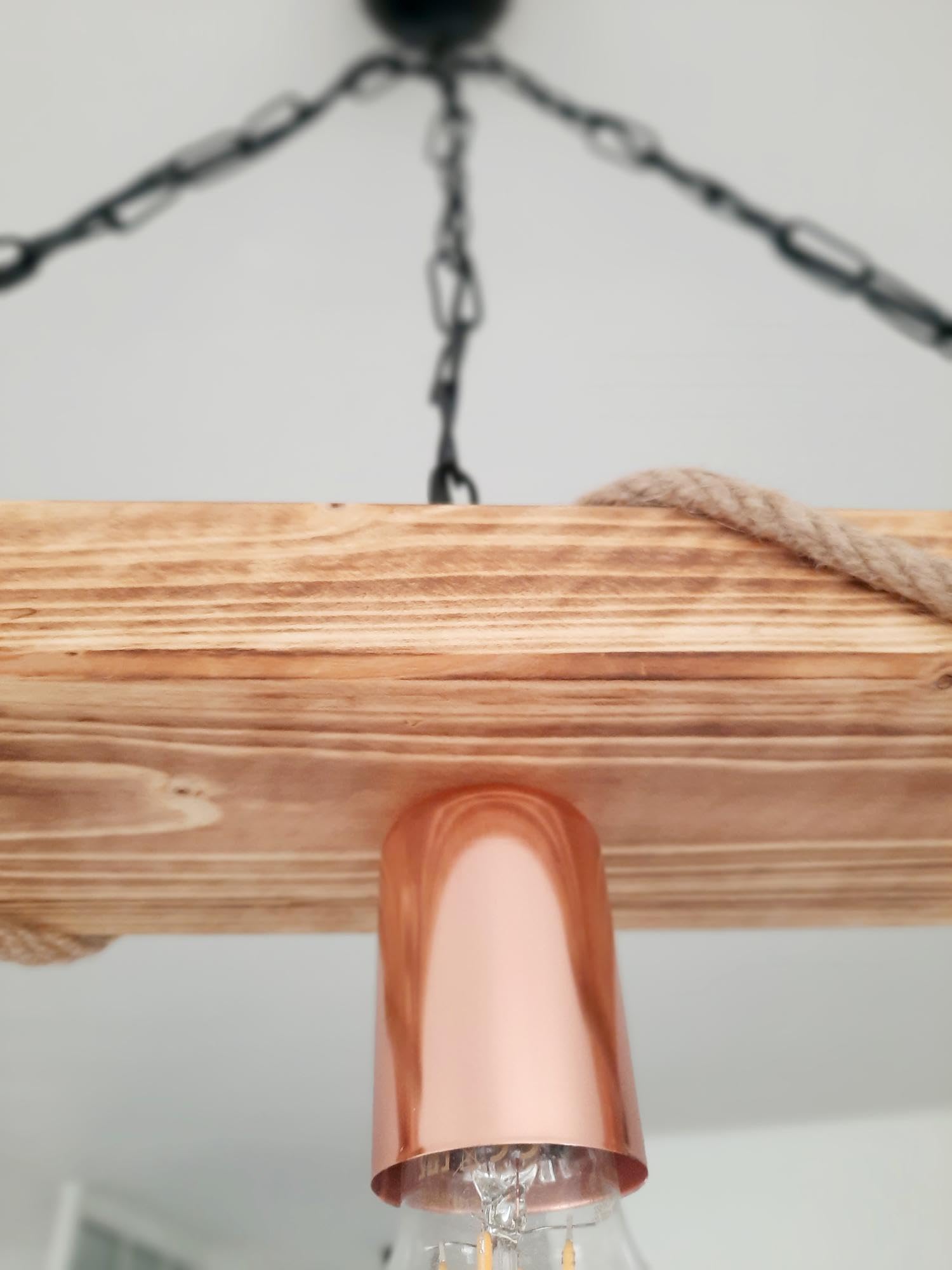 Lustre suspension en bois corde et cuivre - style industriel campagne chic - 3 ampoules E27