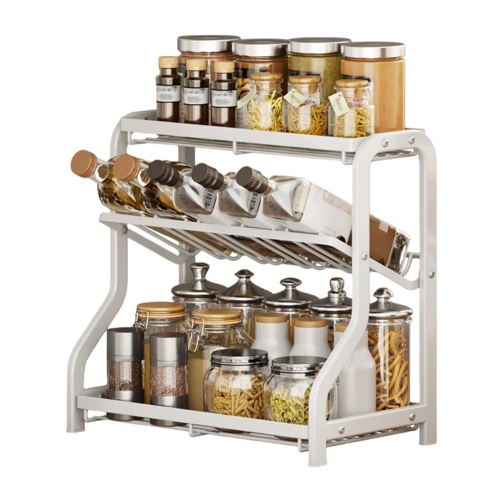 Goxyffmnv 3-layer Metal Spice Rack, Kitchen Organizer, Skin Care Products Shelf, Multifunctional Display Stand for Kitchen, Bathroom(White)