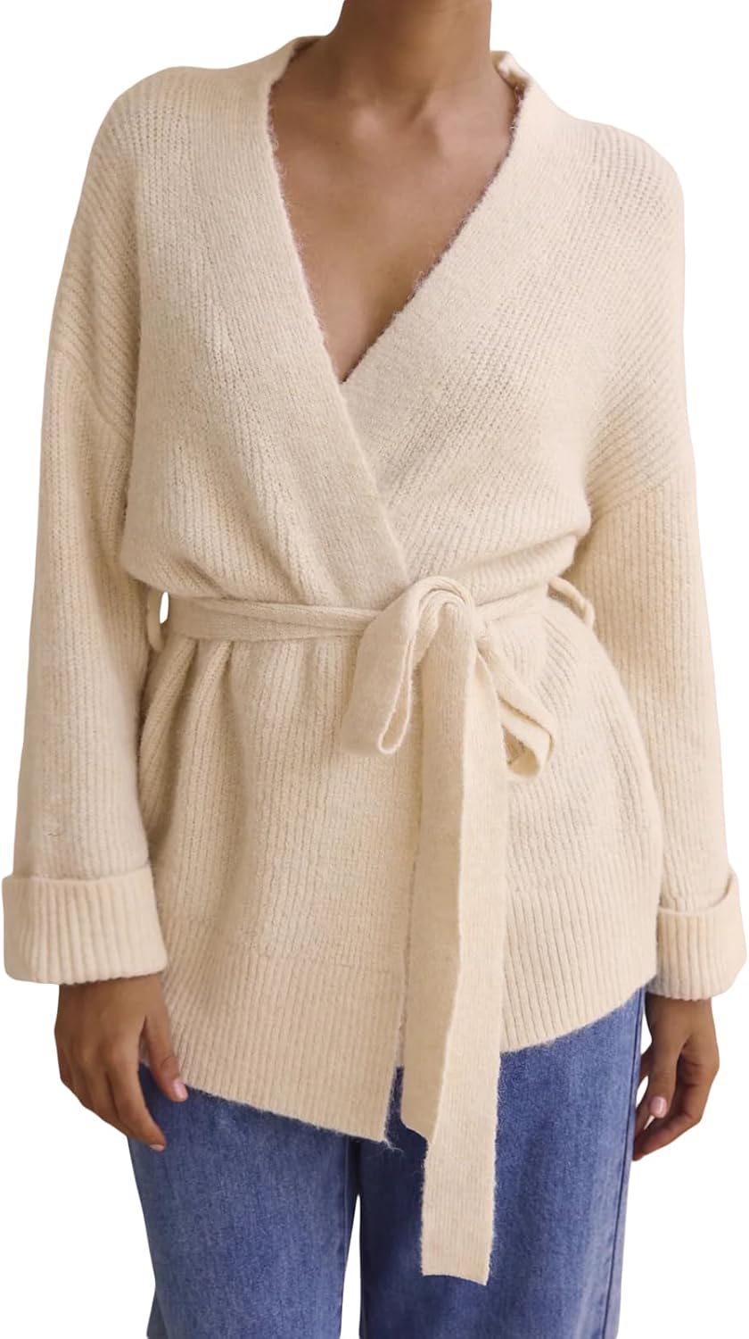 Women's Belted Cardigan Long Sleeve V Neck, Lightweight Knit Sweater Elegant Fall Outwear Cardigans for Women