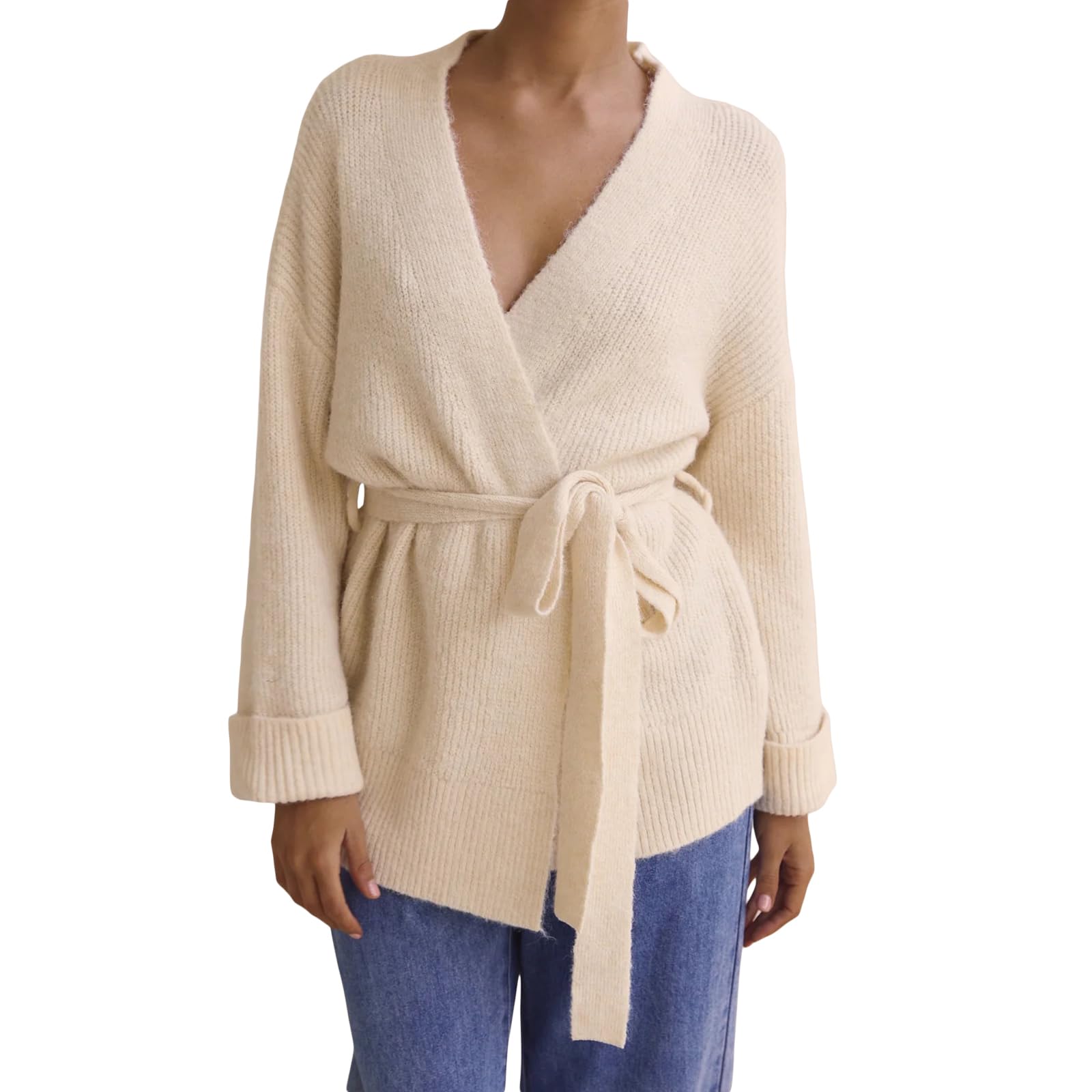 Womens Belted Cardigan Long Sleeve V Neck Lightweight Knit Sweater Elegant Fall Outwear Cardigans for Women