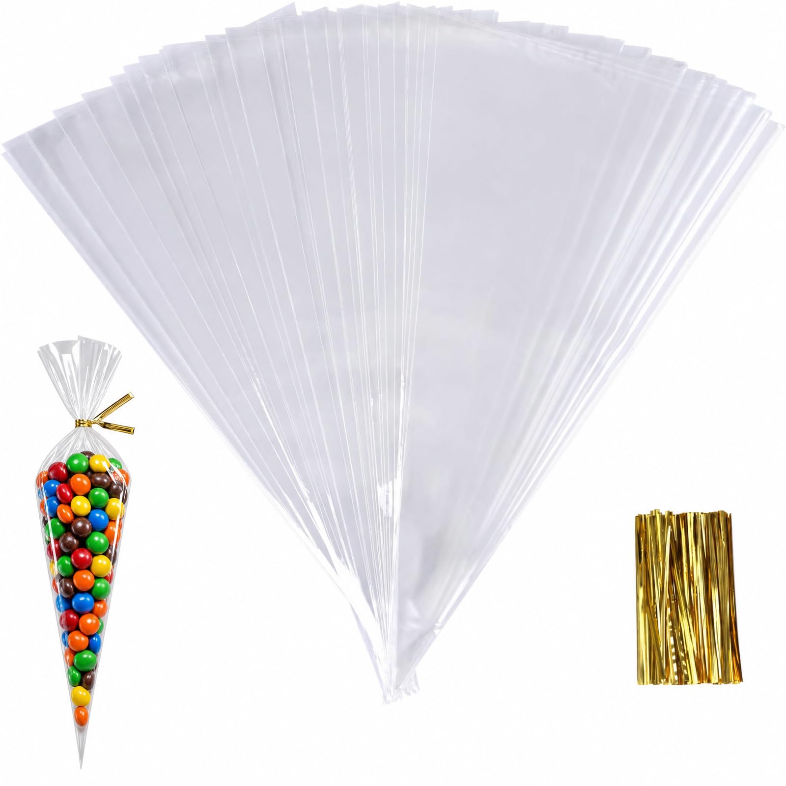 Shokuto Gold 100Pcs Cone Bags, 25 X 13Cm Clear Cello Treat Bags With Twist Ties, Sweet Transparent Cellophane Bags, Triangle Goody Bag For Party Candy Snacks Chocolates Popcorn Cookies