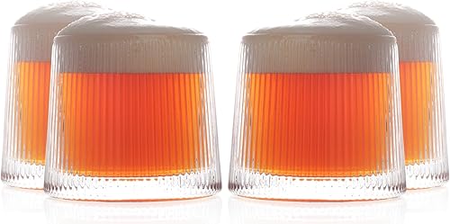 Juego de 4 vasos pesados para degustación de cerveza, par de vasos pequeños y robustos acanalados, duraderos y gruesos sin tallo, con caja de