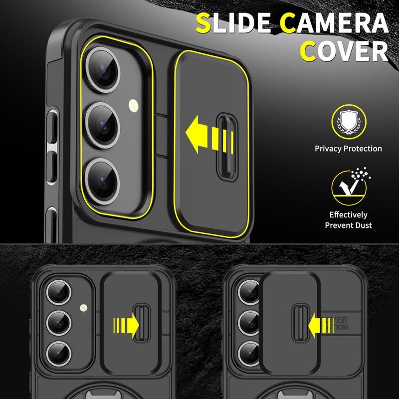 Image of LuxuryKase Shockproof Rugged Case for Samsung Galaxy S24 Plus | Slide Camera Cover | 360 Rotating Ring Kickstand | Military-Grade Protection - Matte Black