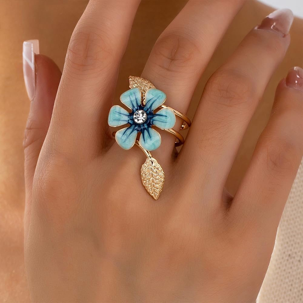 NewZenro Elegant CZ Flower Enamel Ring for Women Gold-Tone Plated Chic Crystal Floral Leaf Statement Finger Wrap Band Rings Comfort Fit Engagement Wedding Party Prom Fashion Jewelry