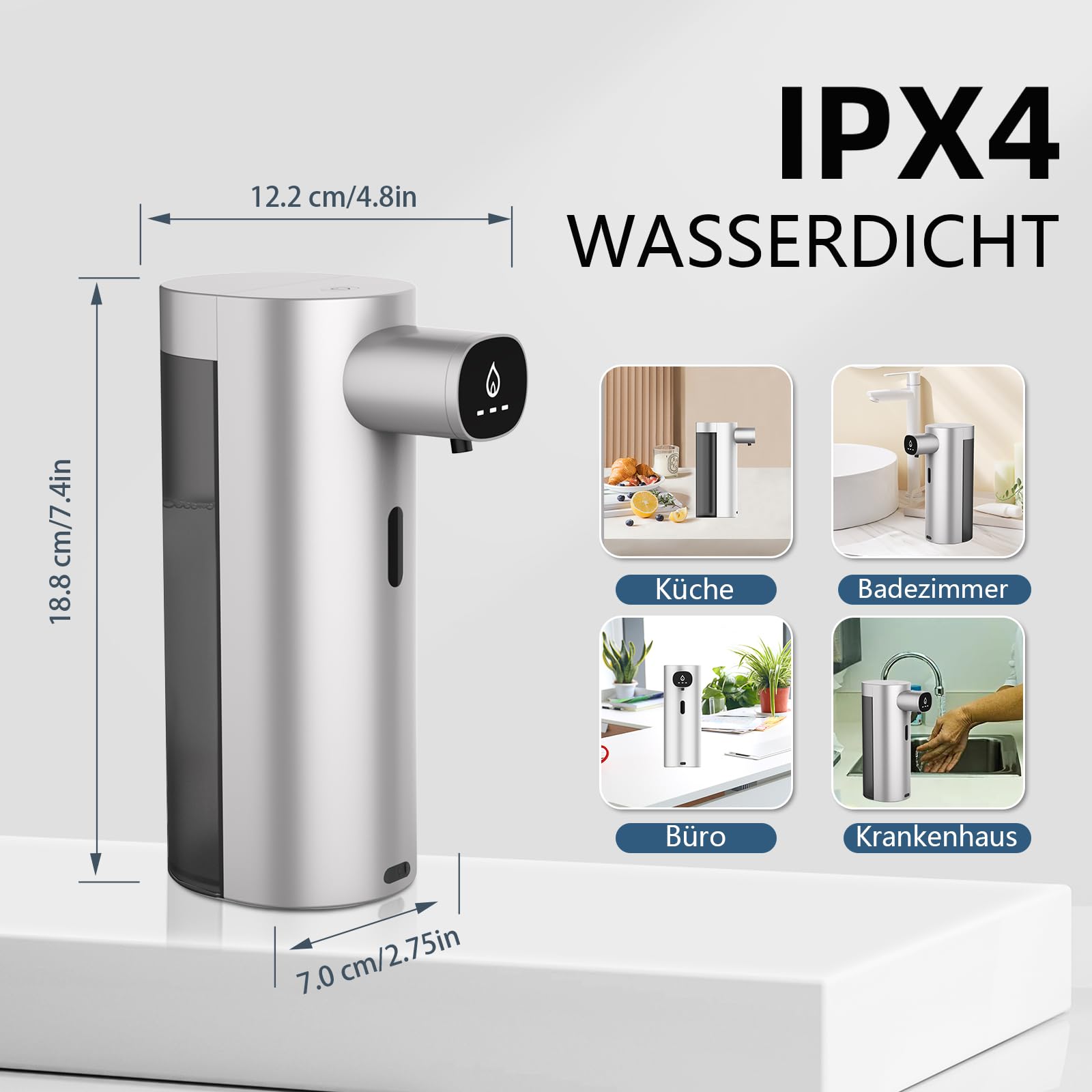 Automatische zeepdispenser, contactloos, 300 ml, elektrische zeepdispenser met sensor, zwart, IPX7, werkt op batterijen, schuimzeepdispenser voor badkamer, keuken, kantoor SEVICO