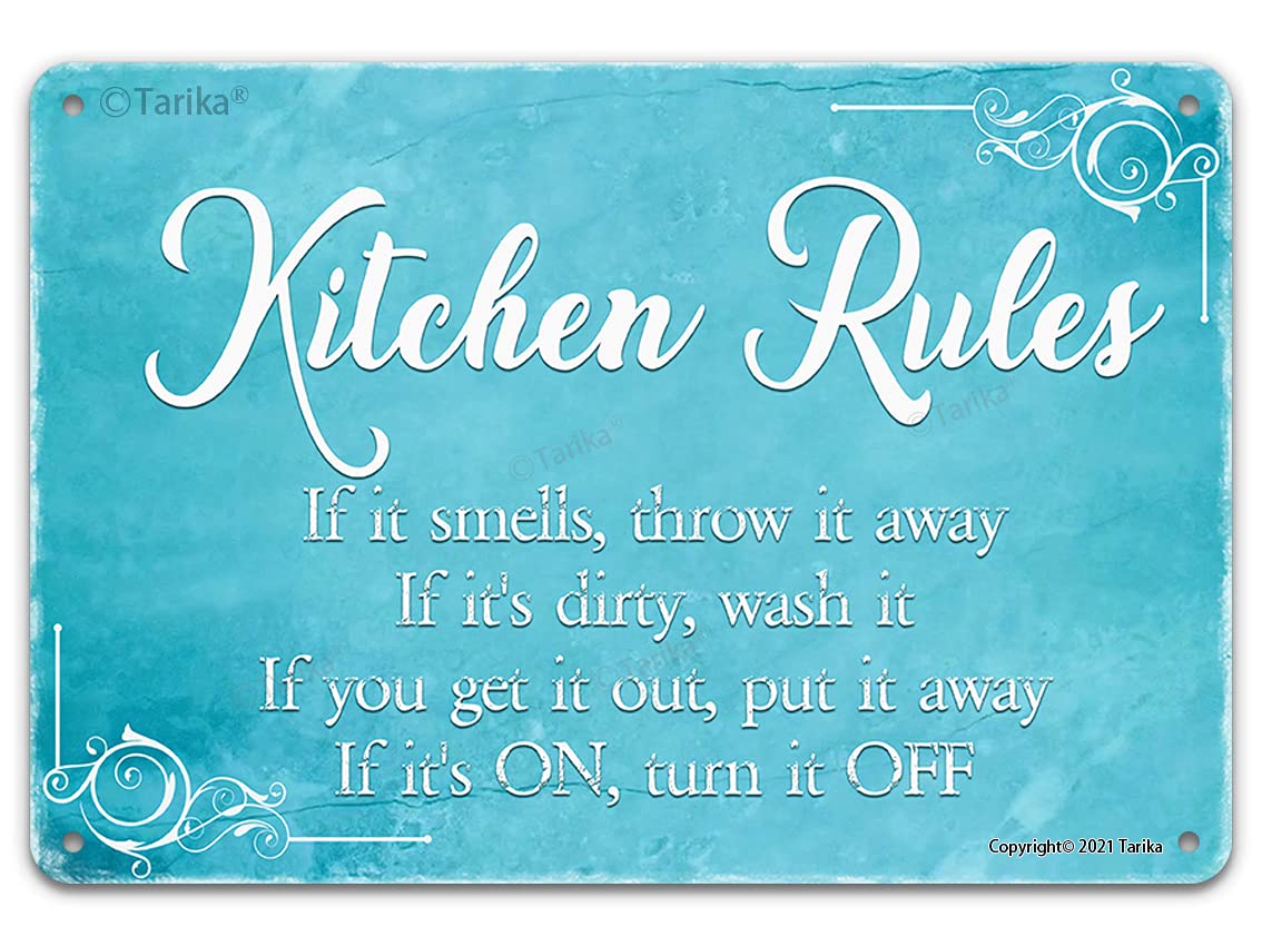 Kitchen Rules Retro Metal Tin Sign Funny Wall Art Plaque Decor Gifts for Home Kitchen Cafe Bar Farmhouse 8x12 Inch