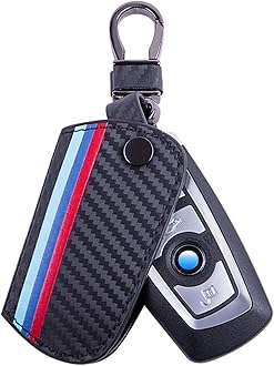 Key Fob Holder Protector Compatible with BMW Remote Fob, M-Colored Stripe Black Carbon Fiber Pattern Leather Key Cover with Keychain (for 1 2 3 4 5 6 7 Series X3)
