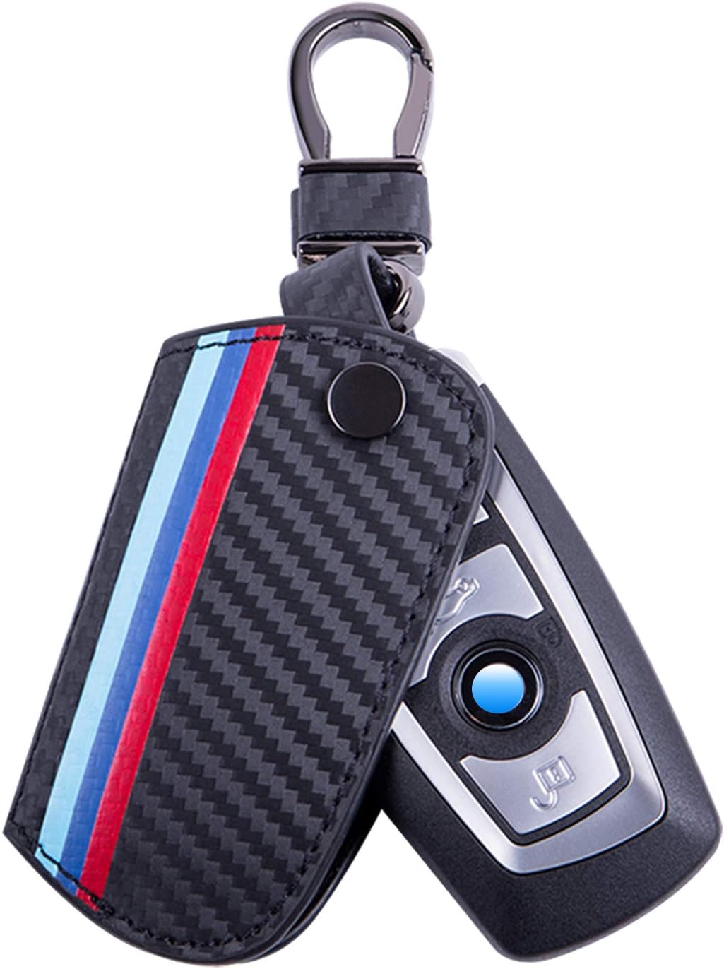 JKCOVER Key Fob Holder Protector Compatible with BMW Remote Fob, M-Colored Stripe Black Carbon Fiber Pattern Leather Key Cover with Keychain (for 1 2 3 4 5 6 7 Series X3)