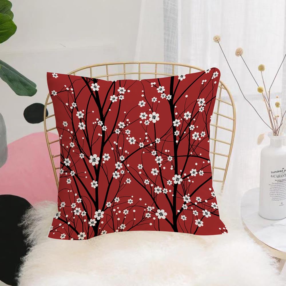 HYOSXW Cushion Cover,Throw Pillow Case Home Decorative for Living Room Bedroom Sofa Chair 16X16 Inch,Plum blossom, a classical poetic image of white plum blossoms on a red backgrou,Pillowcase 40X40cm