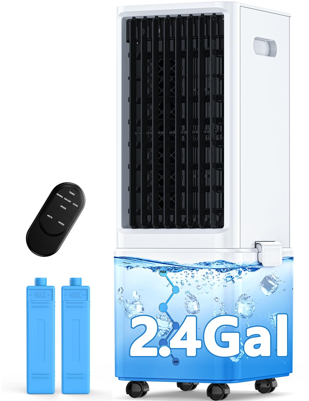 Windowless Air Conditioner w/ 4 Modes & 3 Speeds, Waterless Alert, 2.4-Gal Tank for 20H Cooling, 12H Timer, 20FT Remote, 70° Auto Swing Evaporative Air Cooler, Portable AC Unit for Bedroom