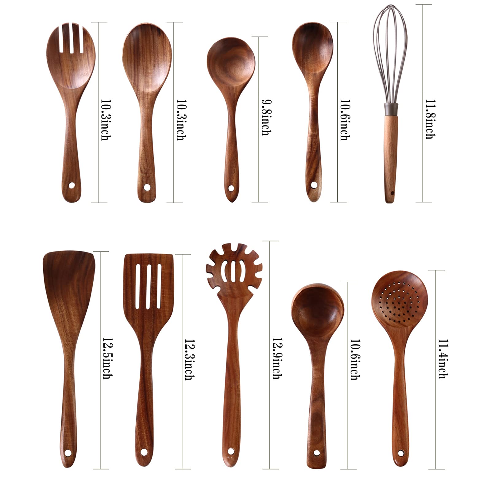 Cucharas de madera para cocinar, 10 utensilios de madera para cocinar, cucharas de madera de teca natural NAYAHOSE antiadherentes, juego de utensilios de cocina de agarre cómodo