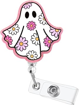 Cute Badge Reel Retractable Glitter Acrylic, Pink Daisy Ghost Badge Clip for RN Nurse Doctor Teacher Student Office Worker Halloween Decoration Gifts