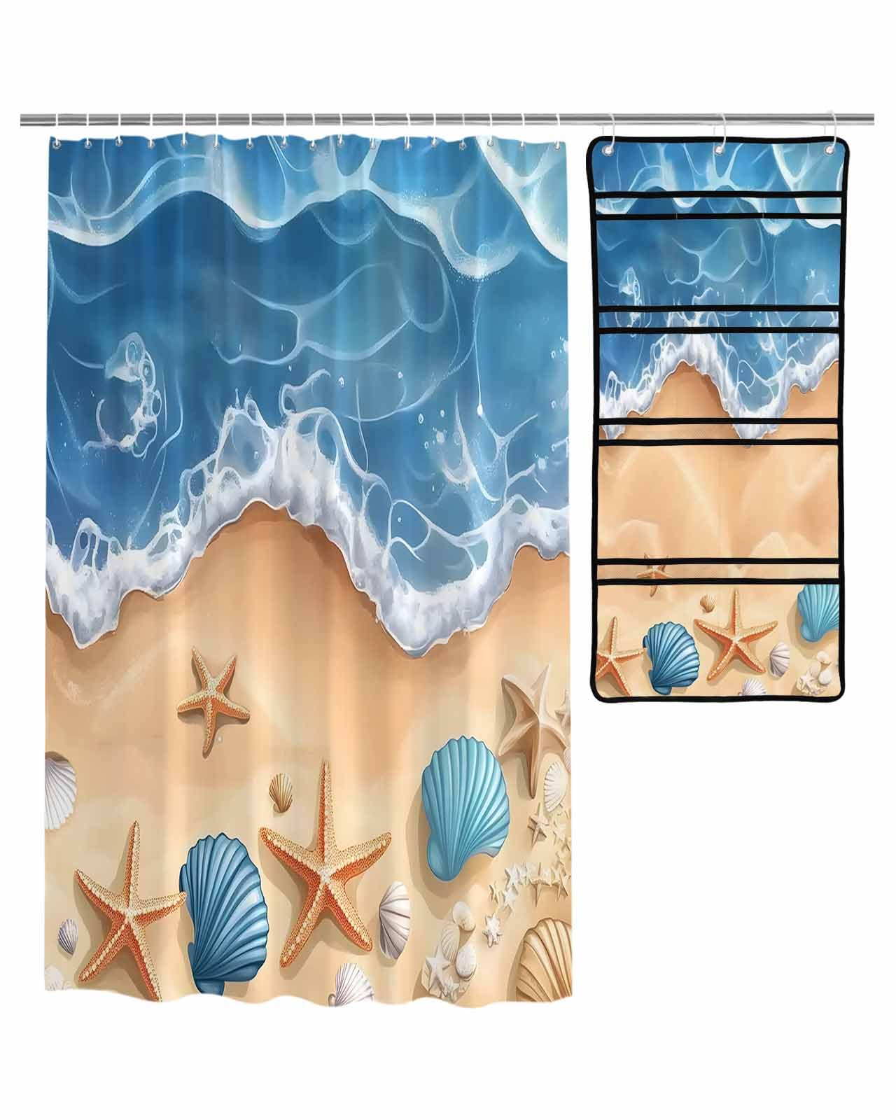 ZFUNCING Shower Curtain Mesh Shower Organizer Set Summer Beach Blue Sea Shell Starfish Waterproof Bath Curtains Hanging Shower