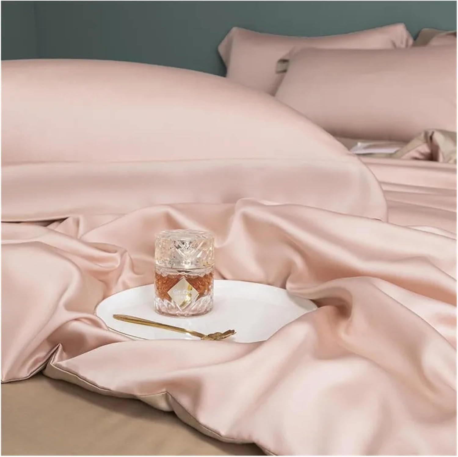 Bed Four Pieces Set 600TC Reversible Cream Brown Duvet Cover with Zipper Ties Soft Cooling Bed Fit Sheet Pillowcases Bedding Set(D,Fitted Bed Sheet-Queen 4PCS)