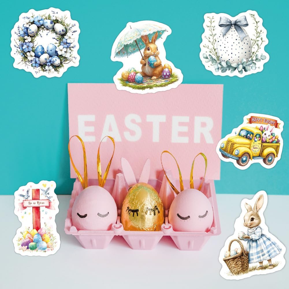 100 Pcs Easter Stickers Vinyl Waterproof Decals Easter Egg Bunny Stickers for Kids Teens Girls Adults Holiday Party Decorating for Card Water Bottle Skateboard Computer Envelope Tag Crafts Window