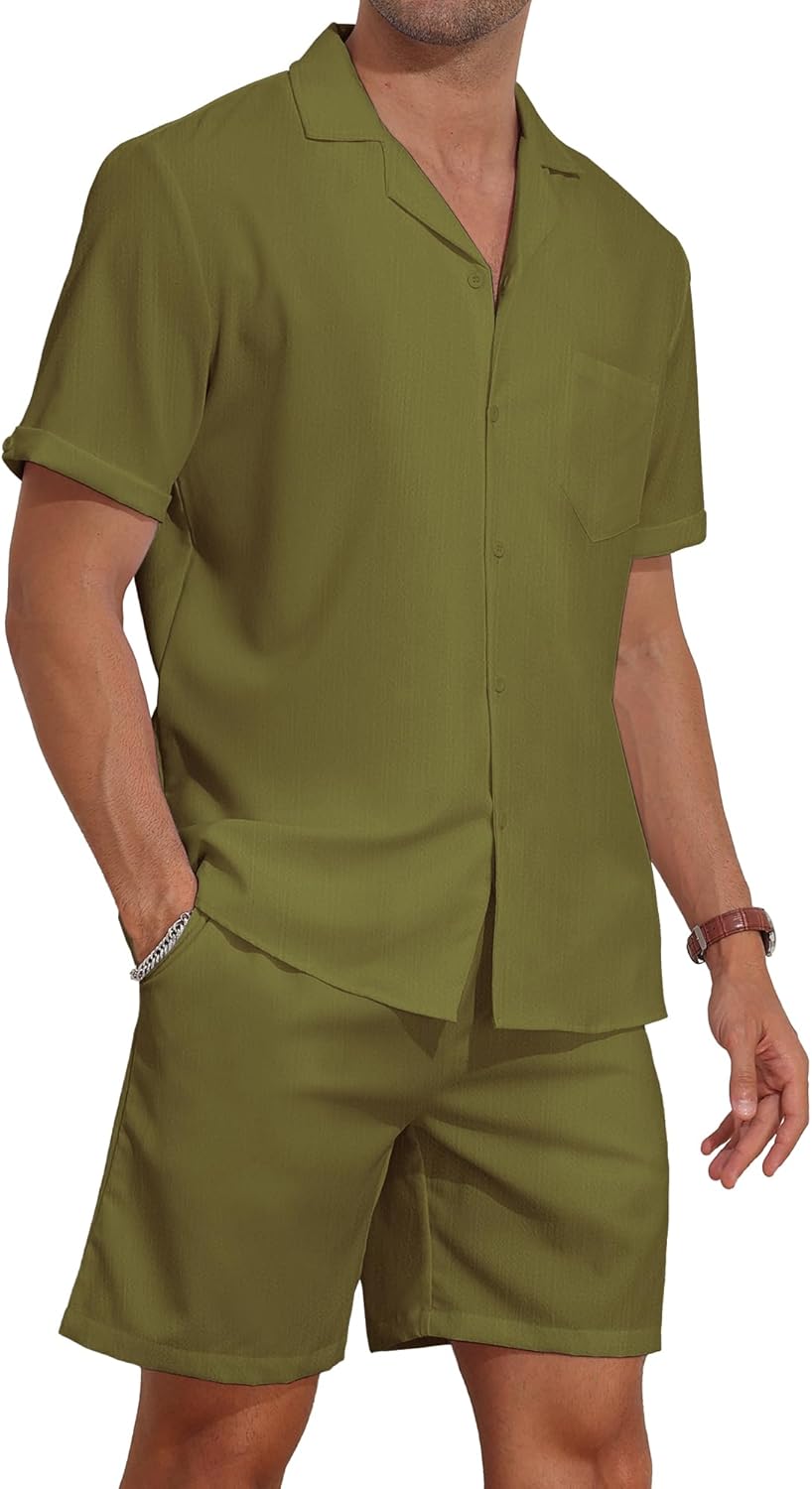 YTD Men's 2 Pieces Shirt Set Short Sleeve Button Down Casual Hippie Holiday Beach T-Shirts Shorts Outfits