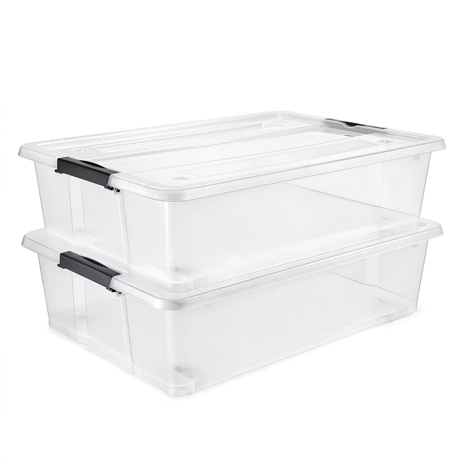 Underbed Storage Bins, 2-Pack, 40-Quart, Clear Stackable Containers with Snap-Lock Lids, for Clothing, Bedding, and Shoes