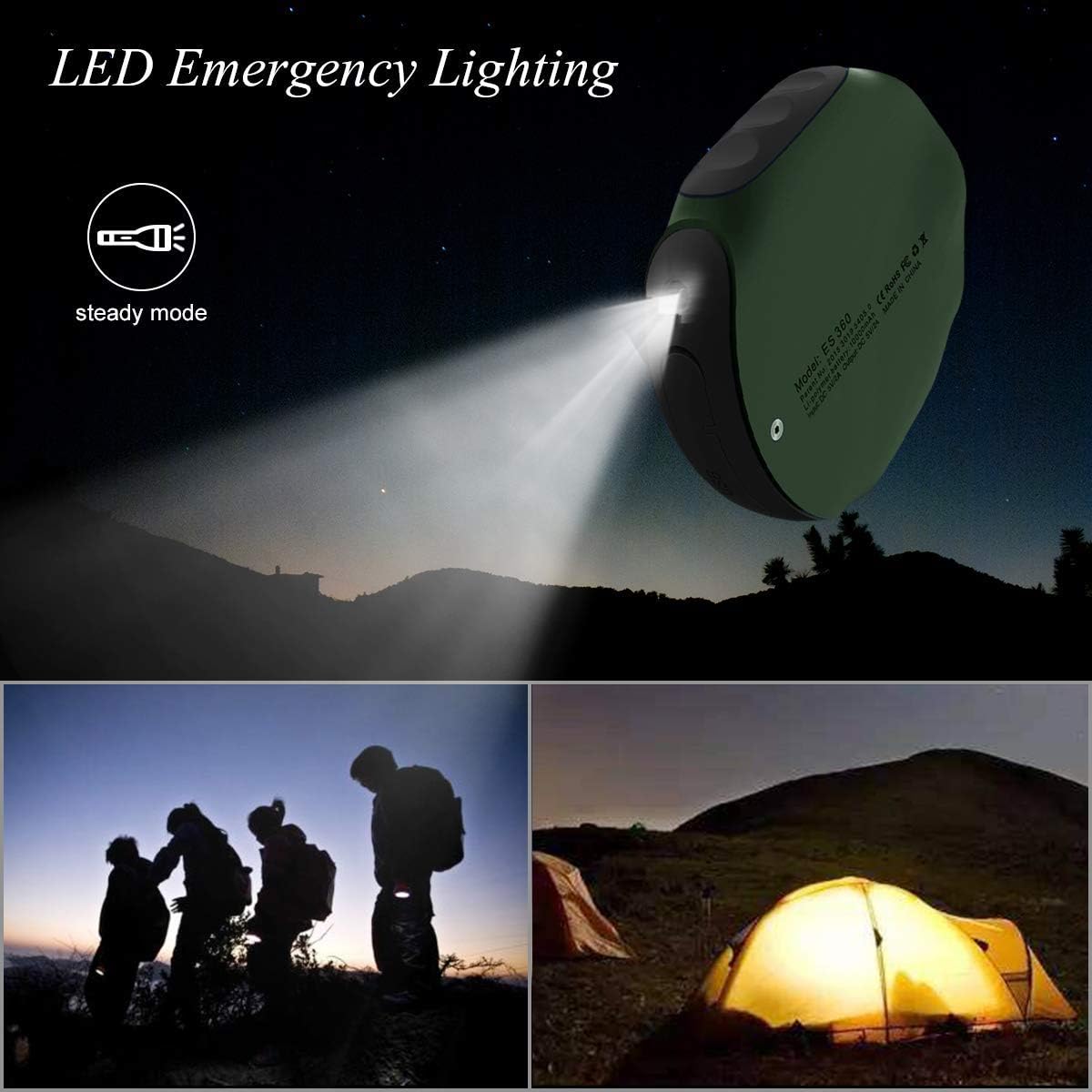 ABFOCE Power Bank with its LED flashlight illuminated, casting a beam of light in a dark outdoor setting.