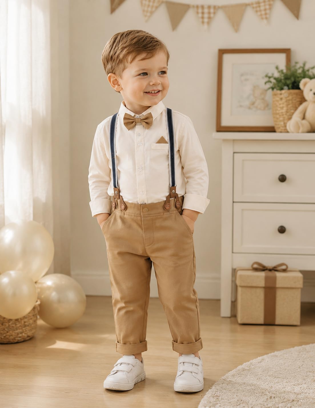mintgreen Bebé Niño Boda Traje 4pcs Bebé Cumpleaños Traje Manga Larga Camisas Sólidas + Pantalones + Tirantes + Pajarita 1-5 Años