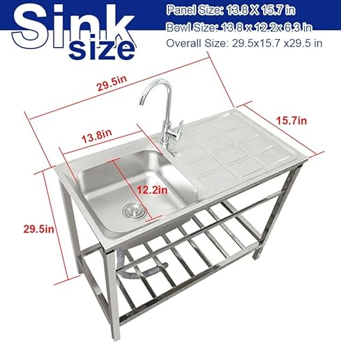 Single Bowl Freestanding Sink Commercial Sink W/Workbench & Storage Shelves 29.5" X 15.7" X 29.5" Prep & Utility Washing Hand Basin Sink Silver #TOP2