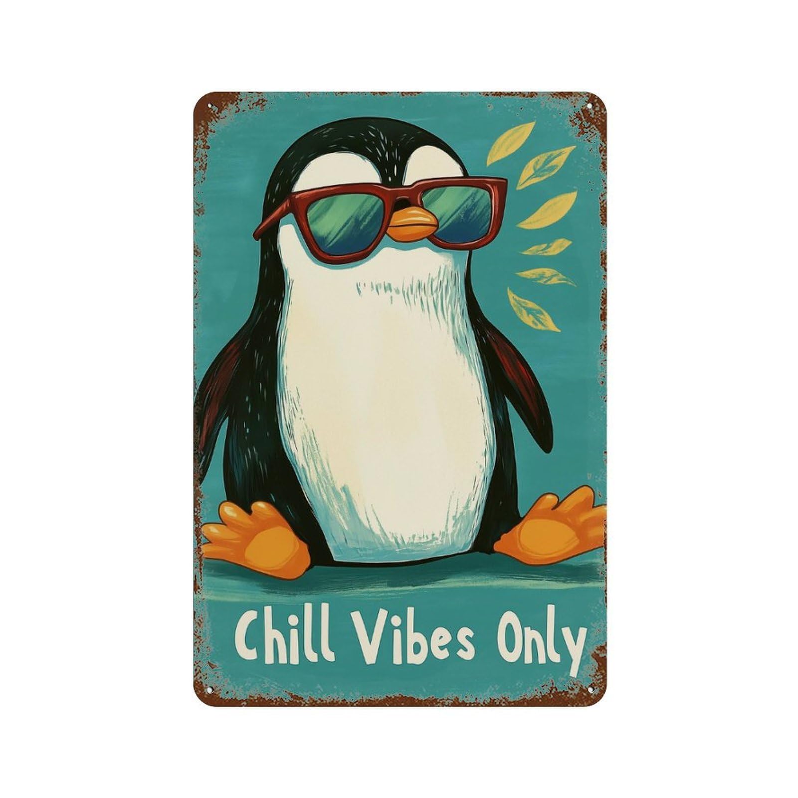 Chill Penguin with Sunglasses Illustration 11.8"x7.9" Rustic Tin Plaque, Novelty Wall Decor for Bistro, Counter And Cafe Decor