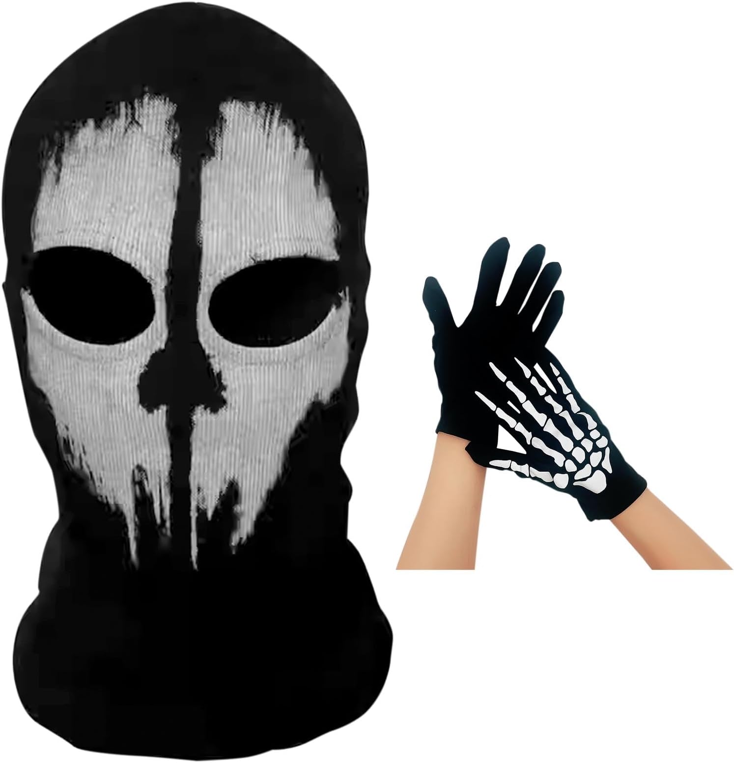 COD Ghost Mask Skull Balaclava MW2 Skeleton Costume Full Head Ski Snood Mask Knitted Windproof Warmer Headwear with Skeleton Gloves for Bike Skateboard Motorcycle Snowboard Outdoor Sport Black