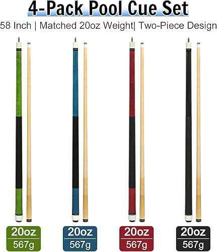 Miniatura 7 de Paquete de 4 palos de billar de 58 pulgadas para el hogar y el bar, palos de piscina de madera de arce maciza con punta de cuero multicapa de 0.492