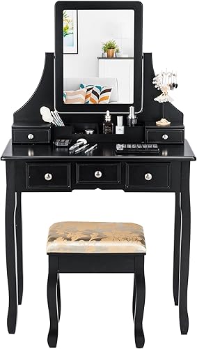 COSTWAY Juego de escritorio de tocador con espejo, escritorio de tocador y taburete acolchado con 5 cajones de almacenamiento, tocador de maquillaje