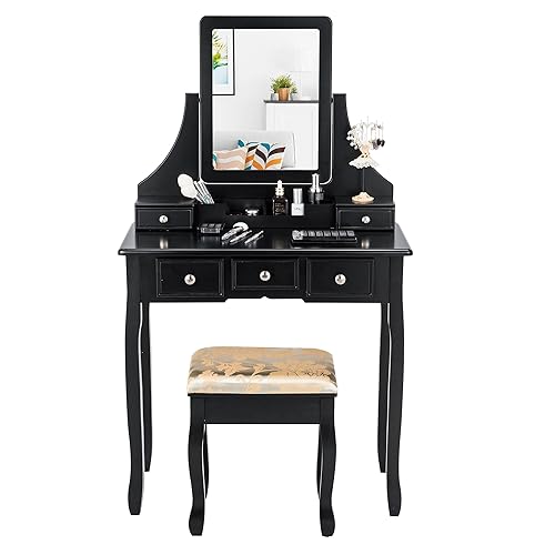 Vanity Desk Set with Mirror, Vanity Desk and Cushioned Stool