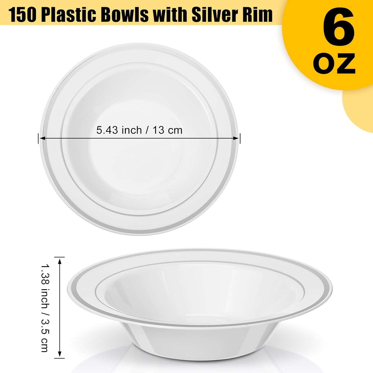 Jinei 150 Pieces 6 oz Plastic Bowls with Rim Small Disposable Soup Bowls for Dessert Salad Soup Candy Wedding Thanksgiving Catering Holidays Party Supplies (White,Silver Rim) - Image 2