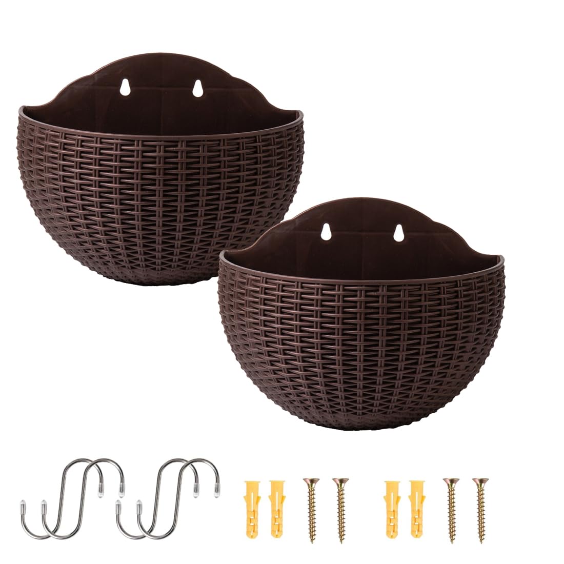 Senda Coffee Wall Mounted Hanging Planters, 2 Pcs Half Round Plastic Flower Pot Plants Basket With Drainage And 4 Hooks, 4 Screws For Garden Patio Balcony Fence (Coffee)