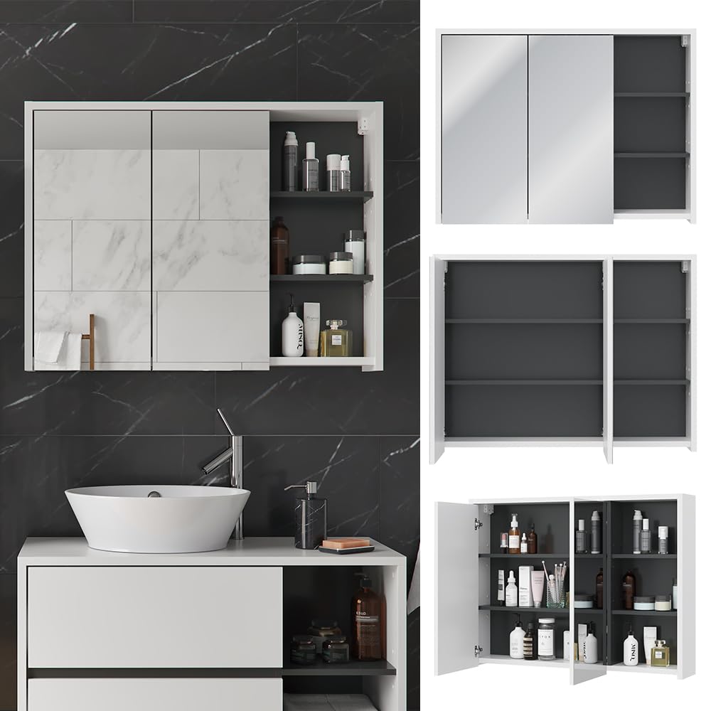 Vicco Specchio contenitore bagno Viola, Bianco/antracite, 100 x 75 cm, per montaggio a parete con ripiani aperti
