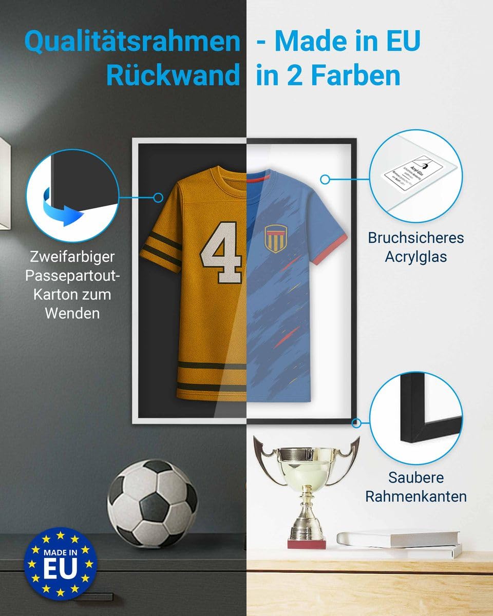 PHOTOLINI Bilderrahmen Trikotrahmen Fußball 70x90, Schwarzer Bilderrahmen für Trikot, Rahmen Trikot 90x70 mit Acrylglas zum Aufhängen, Jersey Frame mit zweifarbiger Rückwand & starkem Magnetsystem