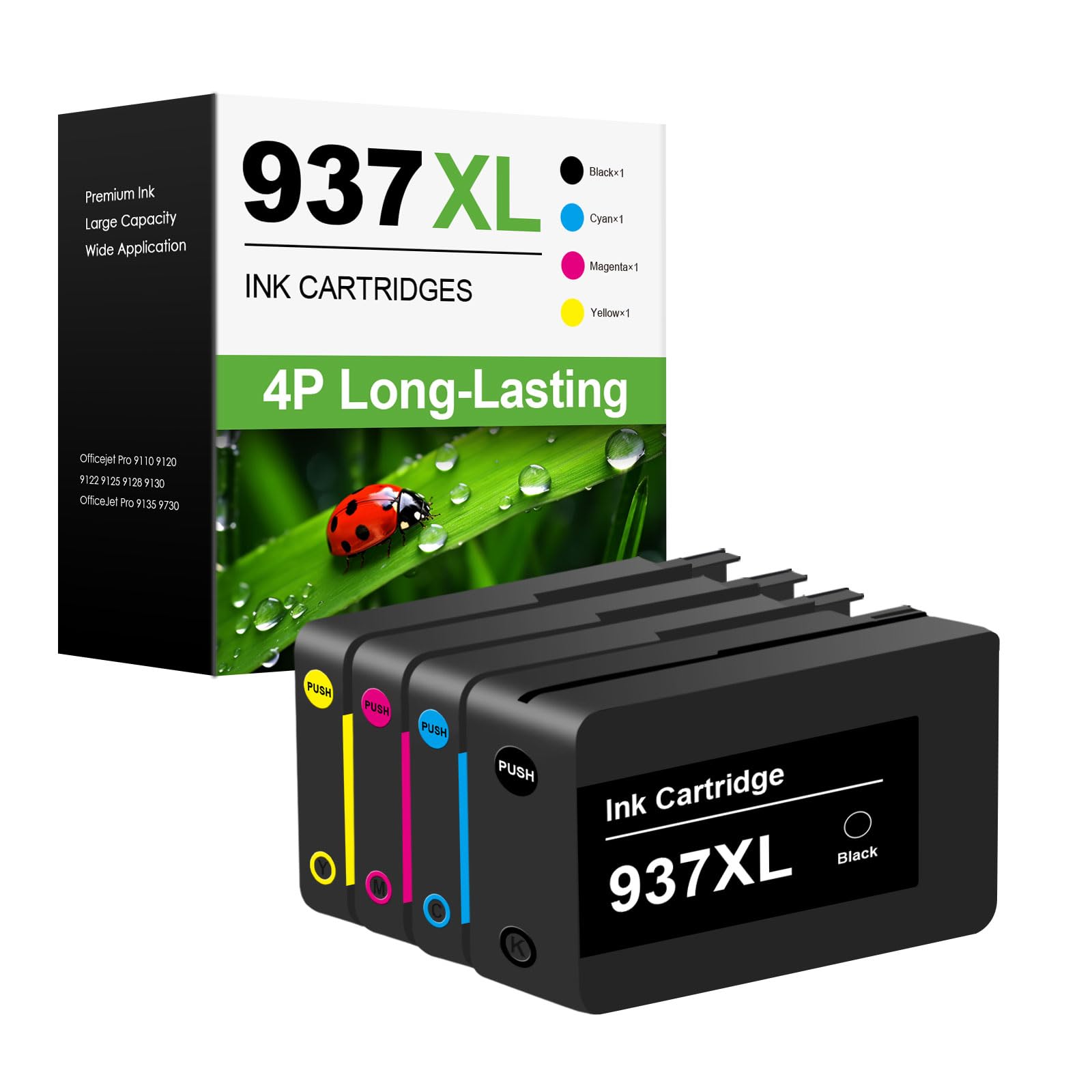 937XL 937 Lot de 4 cartouches d'encre de rechange pour imprimante HP 937XL, compatibles avec OfficeJet Pro 9110b 9120b 9130b 9720 9730 9120e 9122e 9125e 9130e 9132e 9135e 9720e 9730e (noir) Cyan Cyan