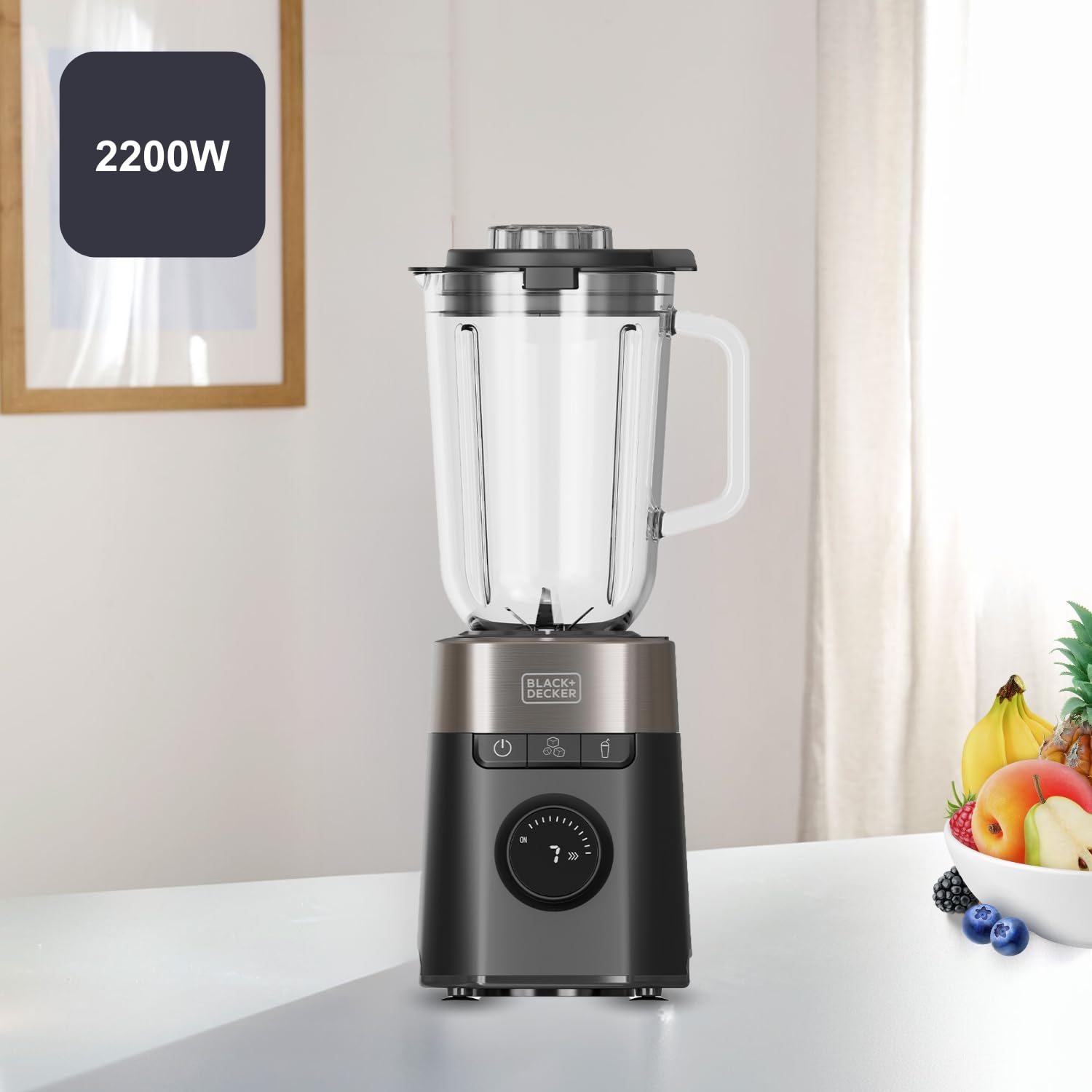 Black+Decker - BXJB1201E 1200 W blender stołowy | szklany dzbanek 2,2 l, 8 prędkości, 6 ostrzy ze stali nierdzewnej, funkcja Pulse, smoothie i siekacz do lodu, wyświetlacz LED | system bezpieczeństwa