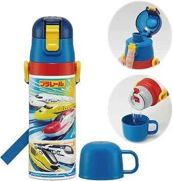 Skater SKDC4-A Childrens Stainless Steel Water Bottle, 2-Way Direct Drinking, 16.5 fl oz 470 ml, Cup Drinking, 15.2 fl oz 430 ml, Plarail, Kid-friendly Lightweight, Boy, Insulated, Sports Bottle,