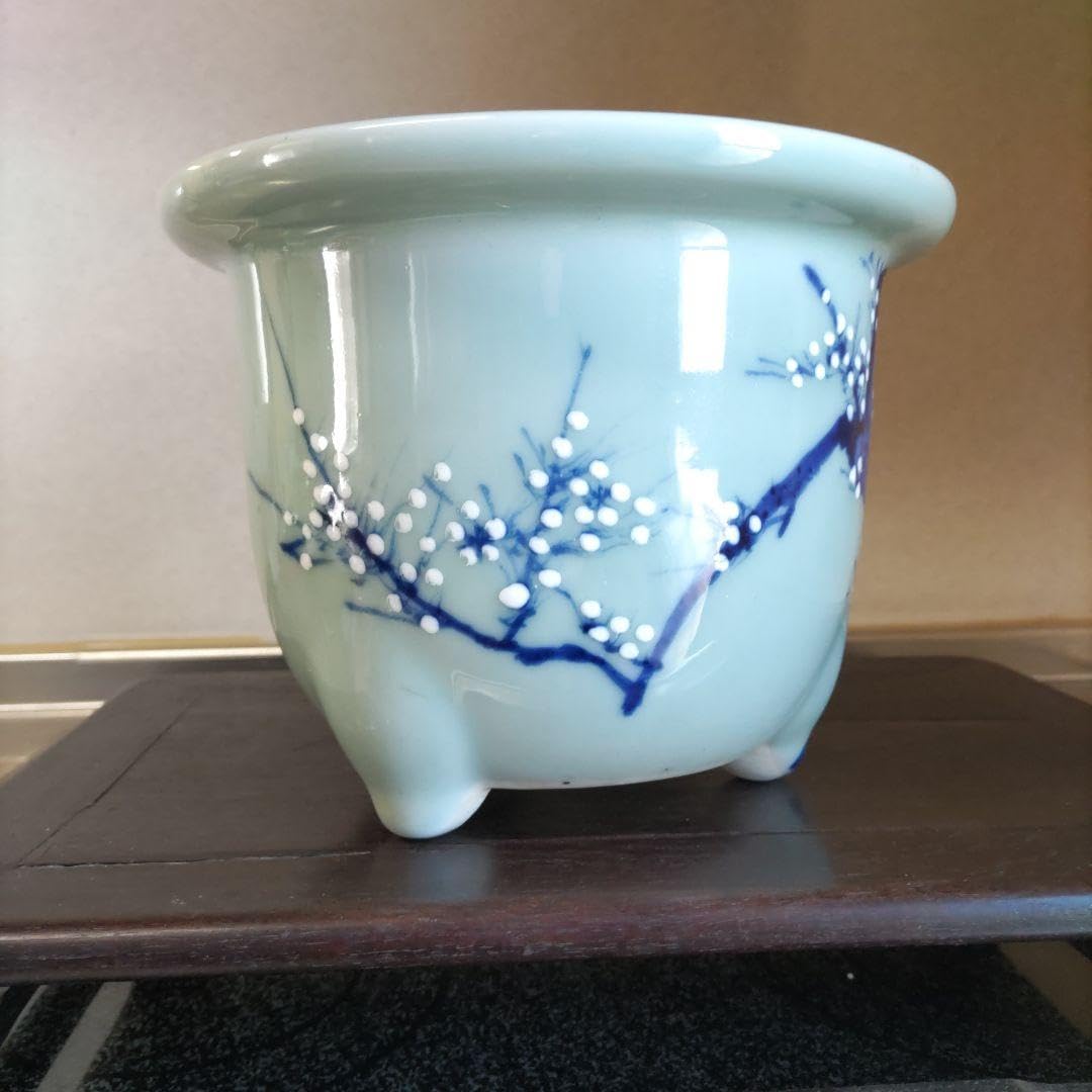 瀬戸 梅文 青磁 植木鉢 盆栽鉢 梅鉢 時代物　❷個セット Amazon.co.jp: 盆栽鉢、尾張焼、 瀬戸焼 、青磁、 染付 梅図 3本足