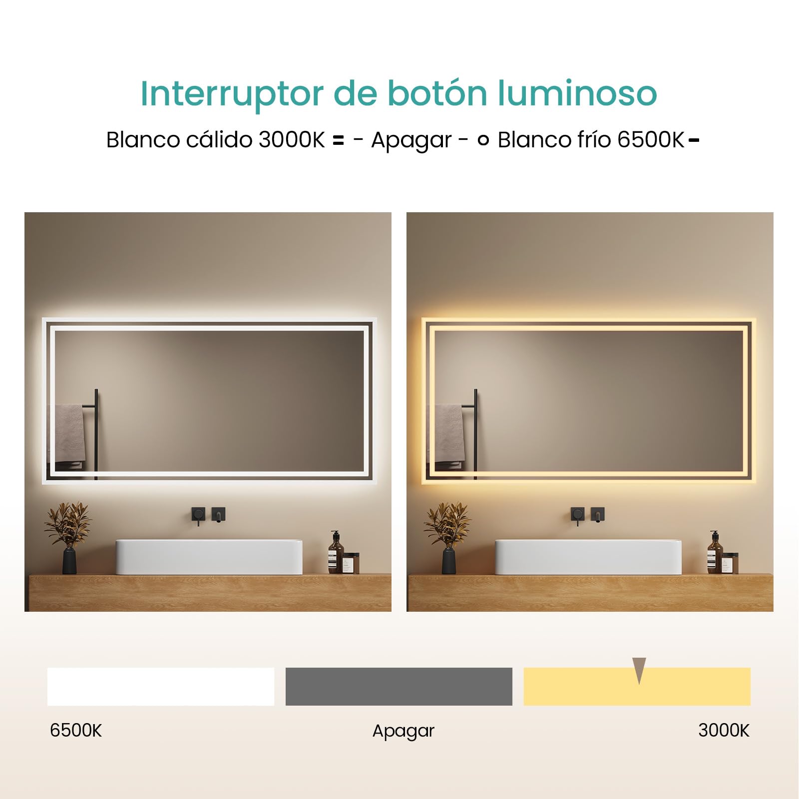EMKE Espejo Baño con Luz Led, 60x120 cm, Antivaho, Interruptor de Palanca | Espejo de Baño,2 temperaturas de Color (Blanco cálido/Blanco frío), Horizontal/Vertical, Espejo LED, IP44