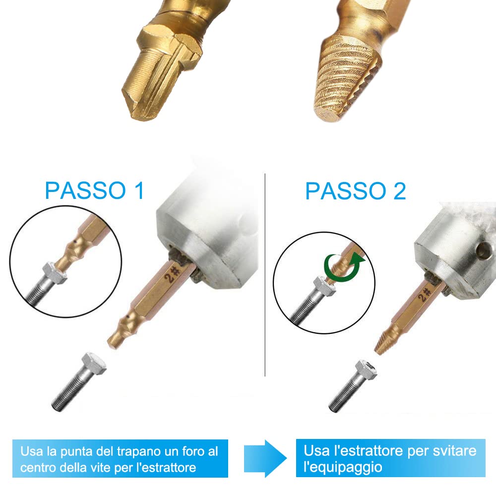 DIYIFE Set Da 6 Estrattori Per Viti Danneggiate – Nuova Versione, In Acciaio Al Carbonio, Per Viti E Bulloni Da 4 A 25 Mm, Con Custodia Trasparente
