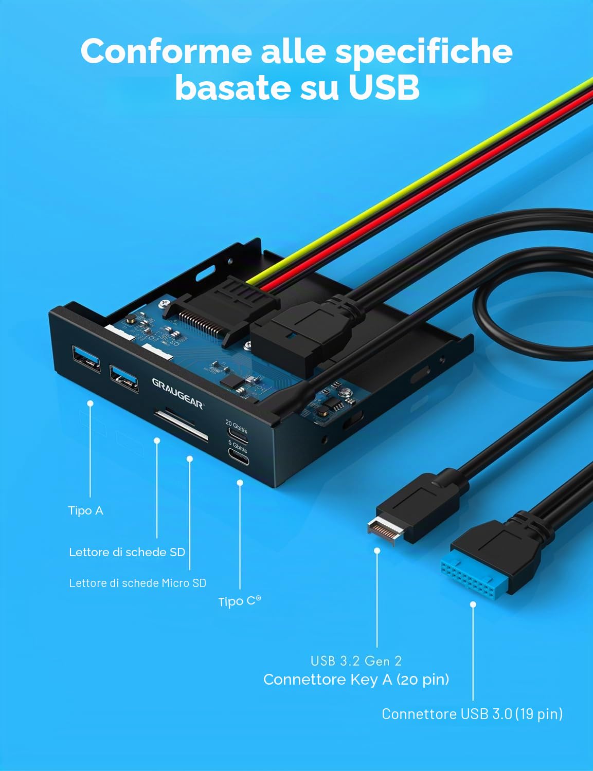 GRAUGEAR | Multi piastra frontale | 2xUSB-C e 2xUSB-A HUB | lettore di schede SD/Micro SD | Typ-C USB 3.2 Gen2 2x2 20/Gbps | 6 interfacce frontali per 3,5 pollici |19-pin e A-Key 20-pin | G-MP01CR