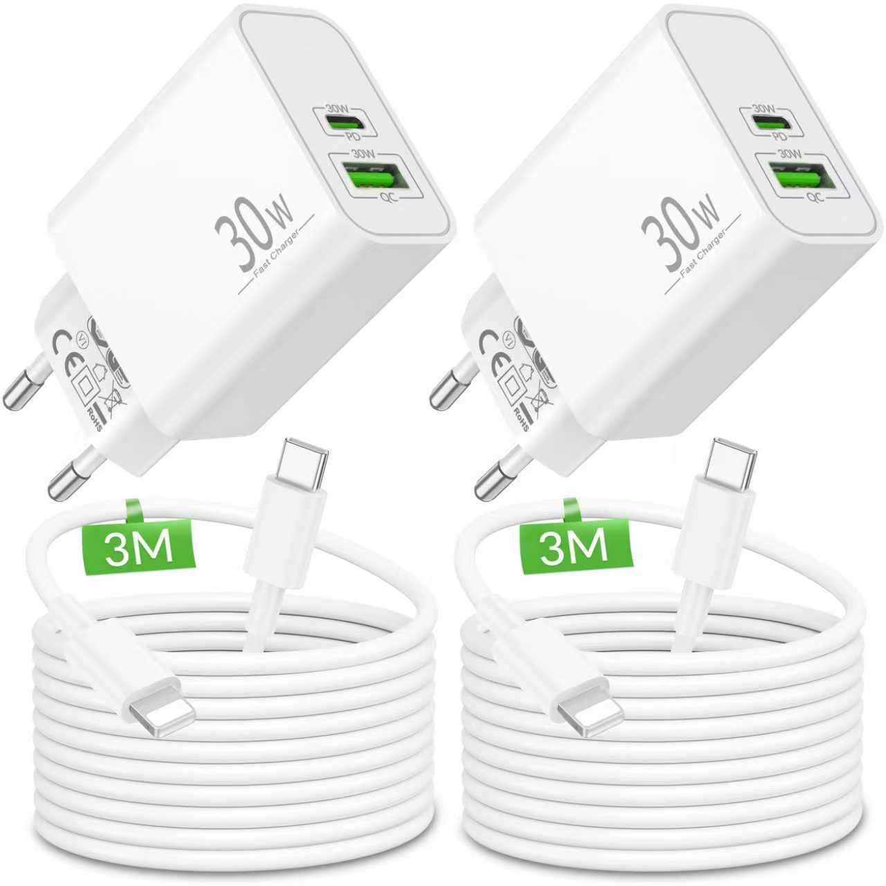 30W USB-C USB-A Ladegerät mit Kabel (4Pack)