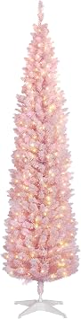 HOMCOM 7 Tall Pre-Lit Slim Noble Fir Artificial Pencil Christmas Tree with 210 Warm White LED Lights and 499 Snow Flocked Tips, for Christmas Decoration, Pink