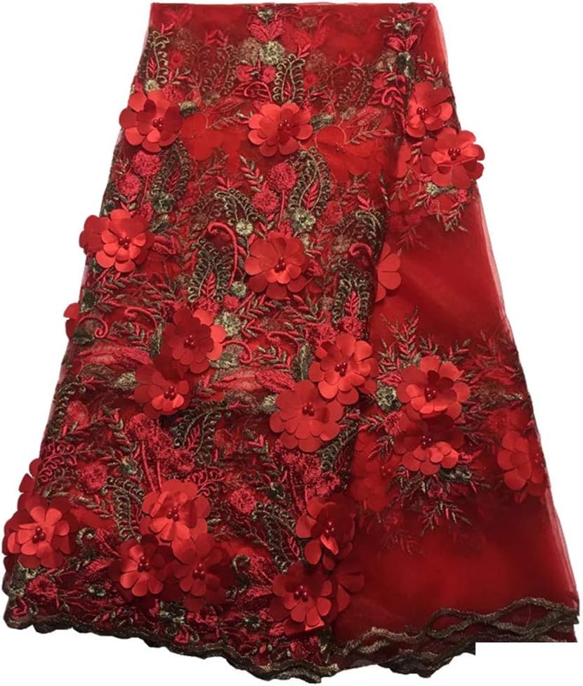 Milylace 5 Yards 3D Floral African Lace Fabric Nigerian Embroidered Mesh Lace Fabric with Beads for Wedding (Red)
