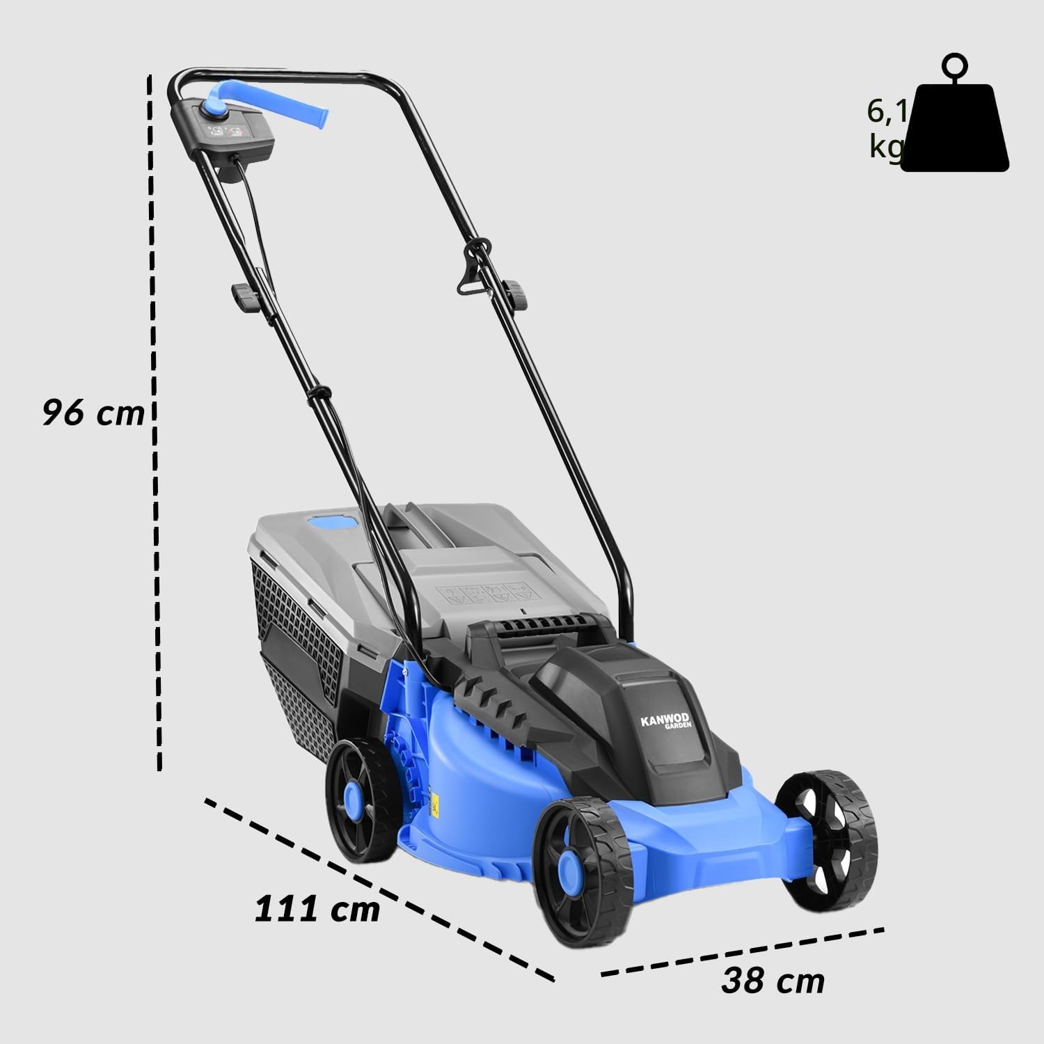 KANWOD Tagliaerba Elettrico, 1200 W, Larghezza di Taglio 32 cm, Cesto Raccoglierba 30 L, Regolazione Altezza Taglio 3 Livelli 30-70 cm, Tosaerba per superfici fino 500 m², 3400 giri/min, Grigio/Blu
