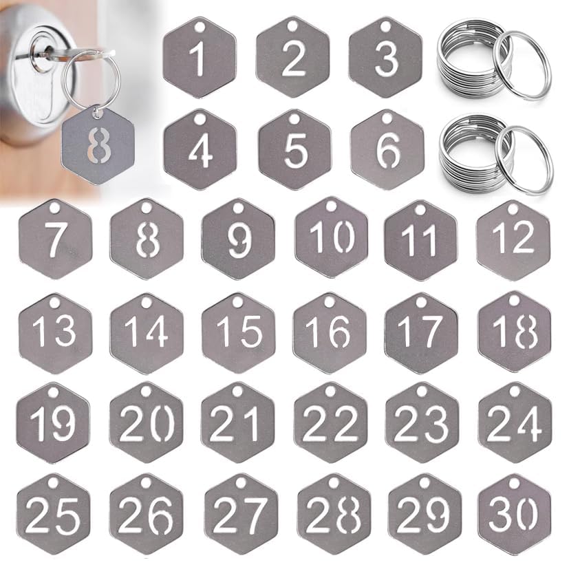 BetterJonny 30 Pcs Stainless Steel Numbers Tags, Numbered Keychains Round Key Tags with Numbers Metal Keychain Tag with Keyrings, Numbered Key Tags for Dormitory Keys House Lockers Bathroom Sauna
