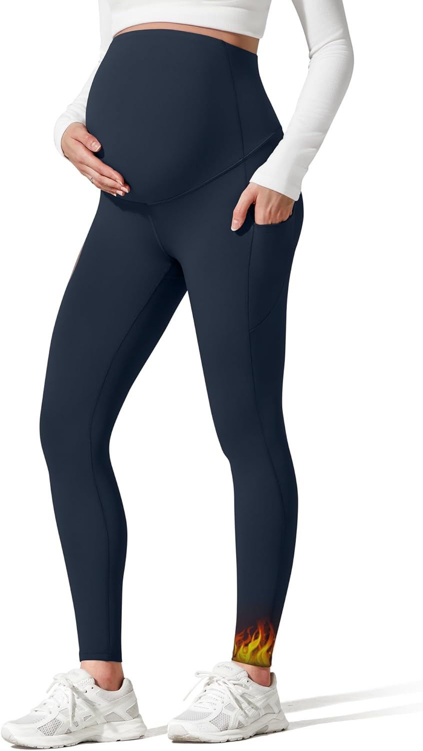G4Free Barefeel Fleece Lined Maternity Leggings with Pockets Over The Belly Pregnancy Yoga Pants