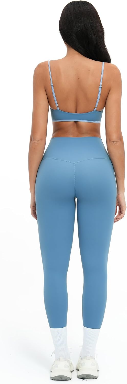Women 2 Piece Workout Adjustable Spaghetti Strap Color Block Sports Bra High Waist Tummy Control Leggings Yoga Outfits