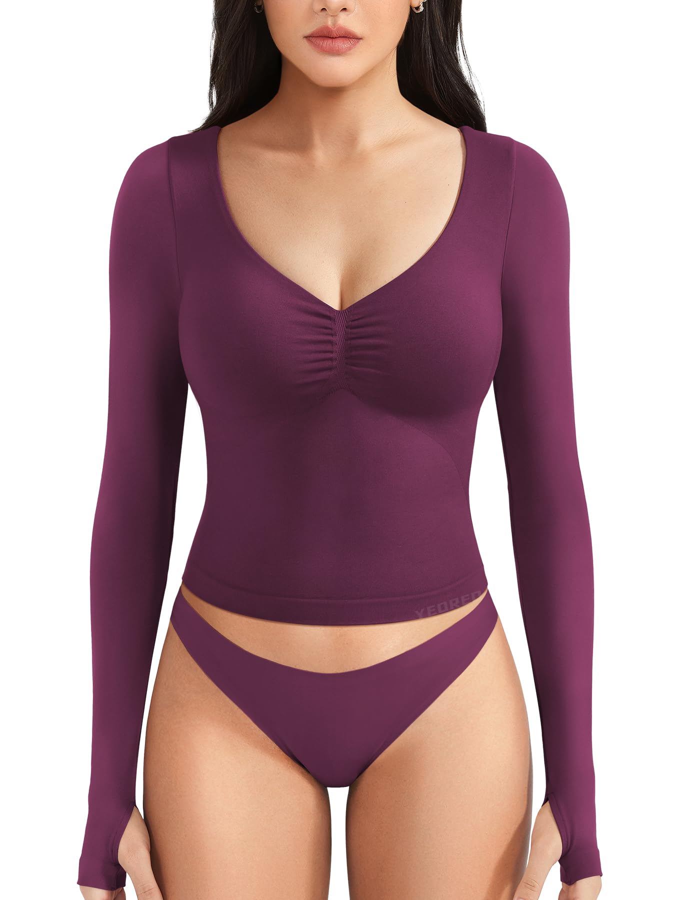 CoreFlex Long Sleeve Workout Tops for Women Padded Deep V Neck Double Lined Impact Tops Slim Fit Gym Athletic Shirts-image-5