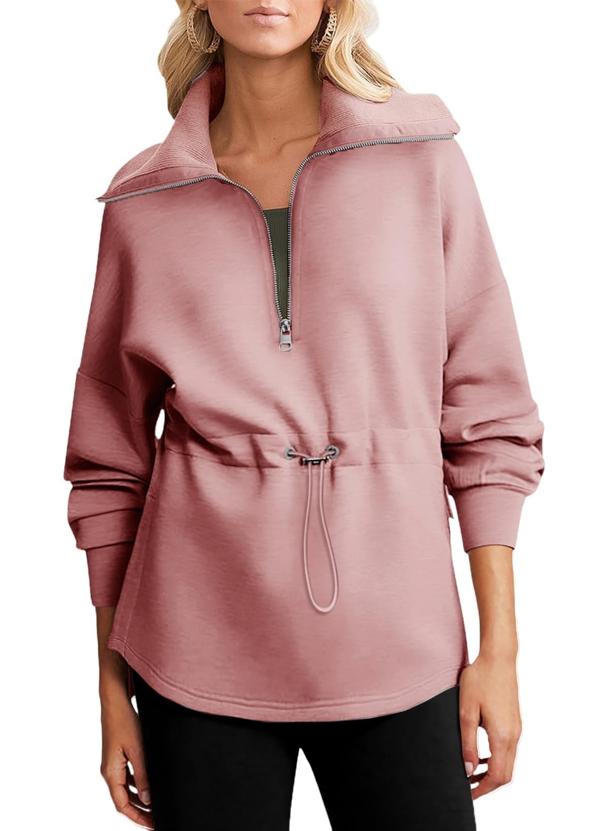 BTFONIA Womens Oversized Sweatshirts Half Zip Drawstring Waist Long Sleeve Side Slits Casual Pullover Sweatshirt Tops(Pink,M)