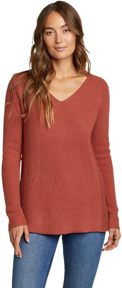 Eddie Bauer Tellus - Suéter con cuello en V para mujer, color granate, talla XL